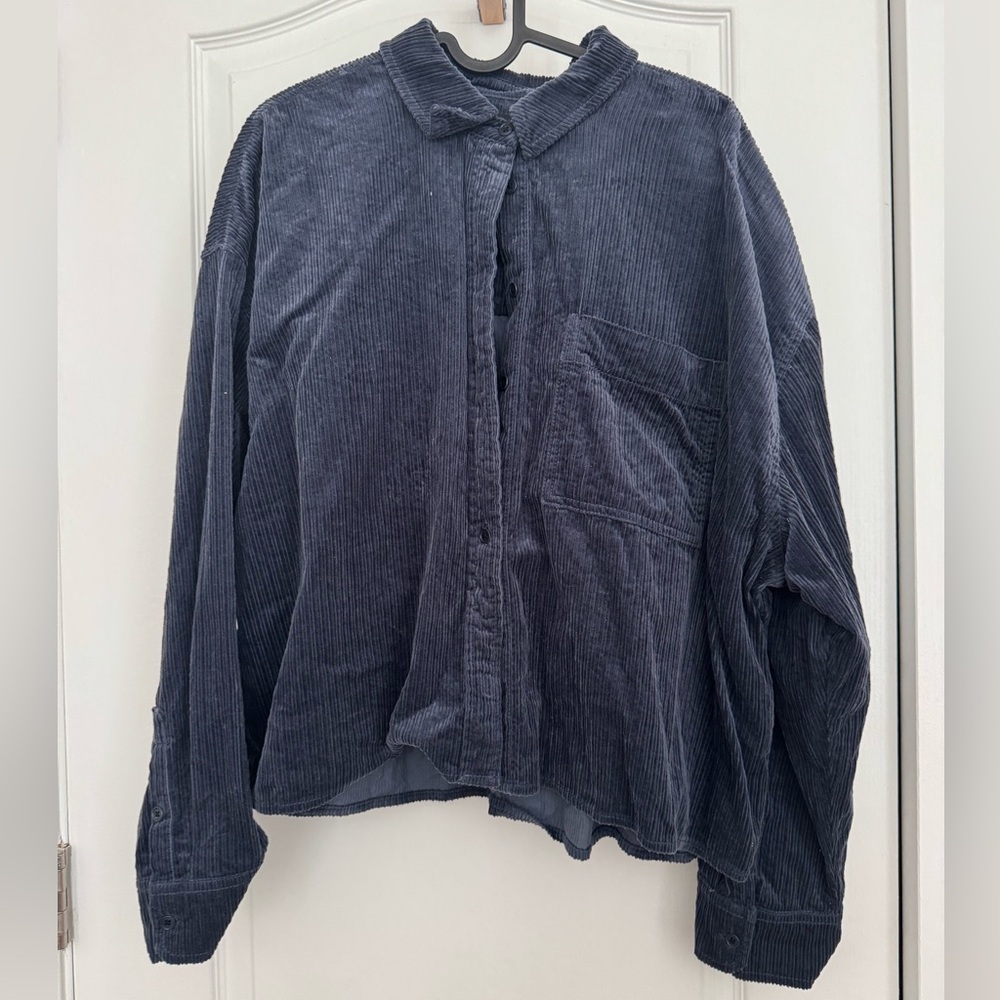 NWOT Madewell Oversized Cropped Blue Variegated Corduroy Button-Up size XXL